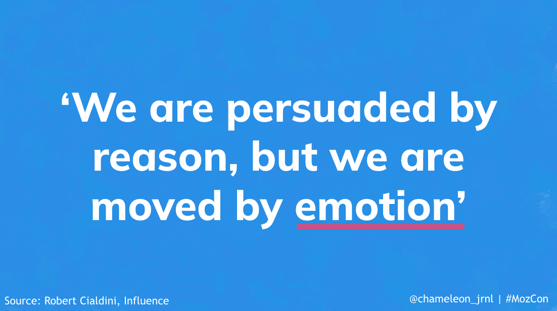 Slide from Petra's MozCon presentation, white text on a blue background: "We are persuaded by reason, but we are moved by emotion"