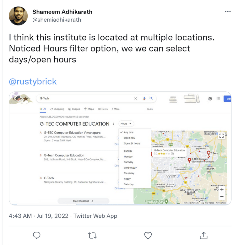 Tweet from Shameem Adhikarath shows new ability to filter Google local pack results by open hours on specific days of the week.