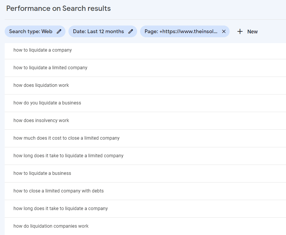 Screenshot showing ‘how’ queries in Google Search Console, such as ‘how to liquidate a business’ and ‘how do liquidation companies work’