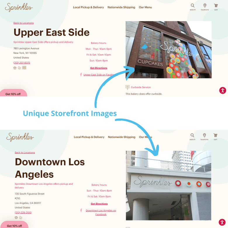 Screenshots of location page examples of Sprinkles shops showing unique storefront images.