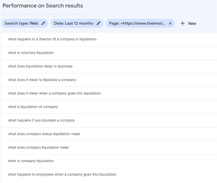 Screenshot showing ‘what’ queries in Google Search Console, such as ‘what is voluntary liquidation’ and ‘what happens to a director of a company in liquidation’