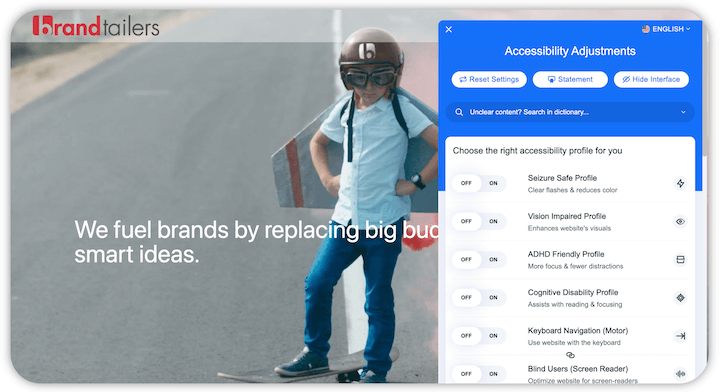 b2b website design examples and tips - bandtailer's accessibility settings