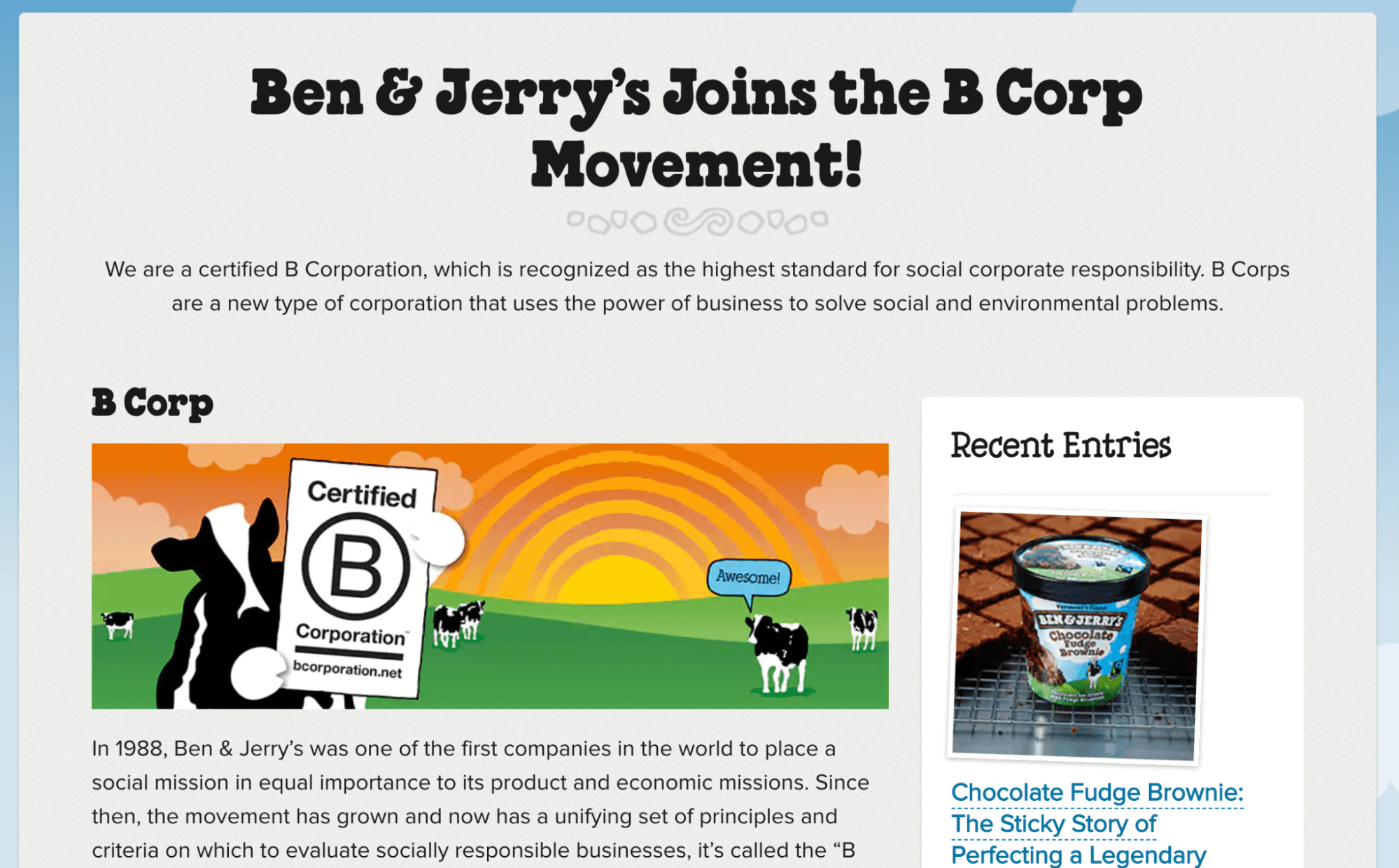 Screenshot of Ben & Jerry's webpage saying 