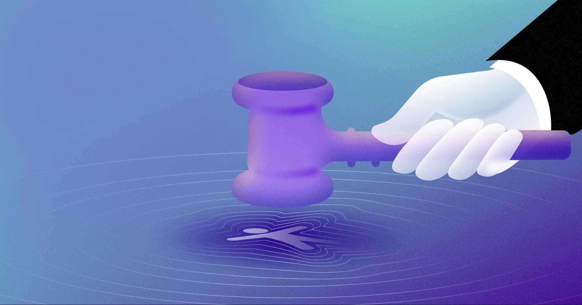 Illustration of a hand bringing down a purple gavel onto the web accessibility icon.