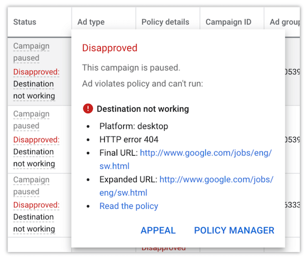 google ads destination not working disapproval