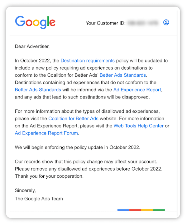 google ads destination requirements update email