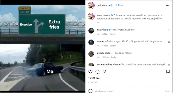 how to increase engagement on instagram - example of post with relatable meme