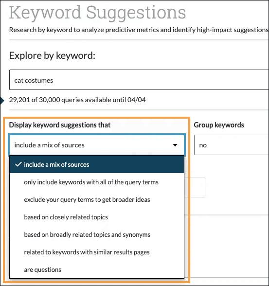 Screenshot of Moz Pro Keyword Explorer "include a mix of sources" option