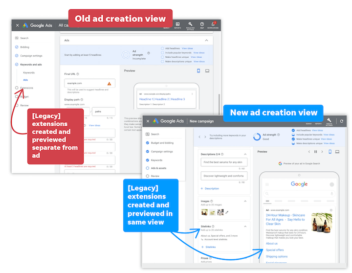new vs old google ads ad and extension creation windows