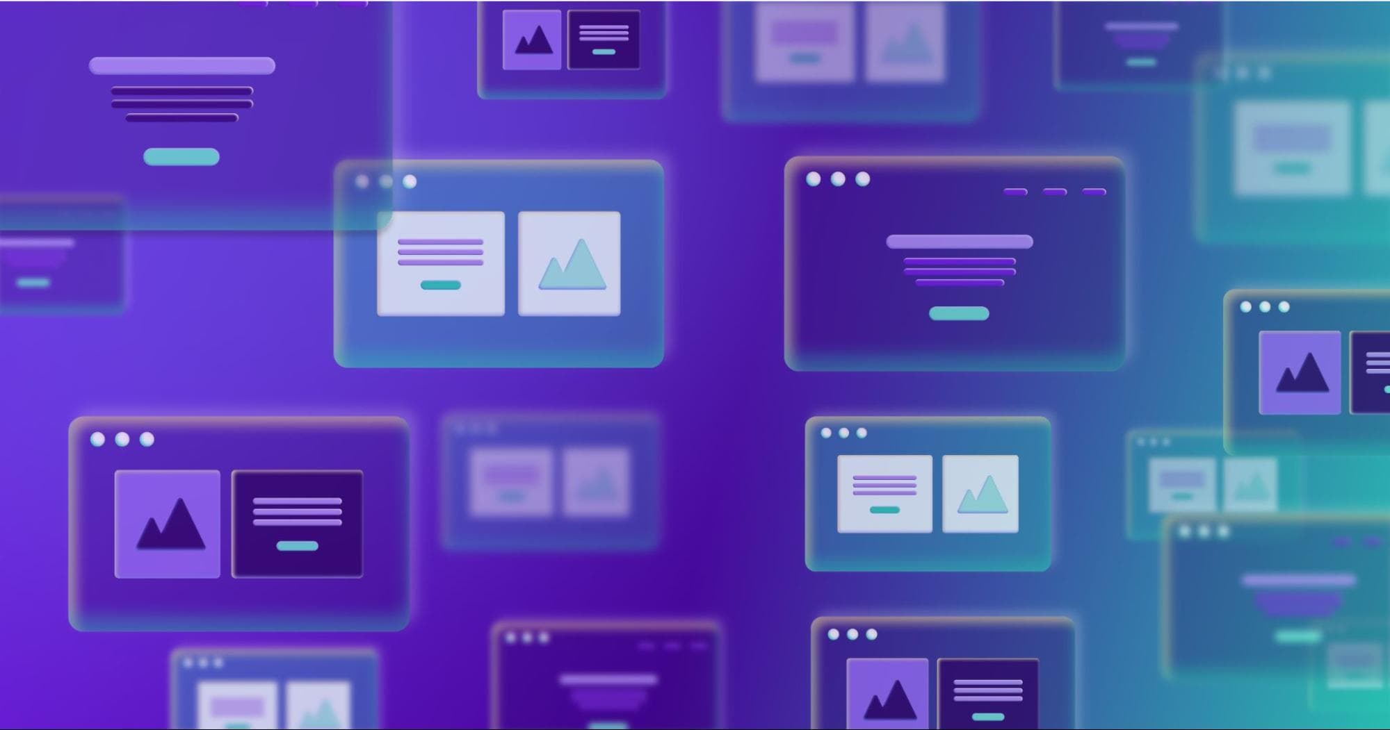 Illustration of several web page examples floating against a purple and teal background.