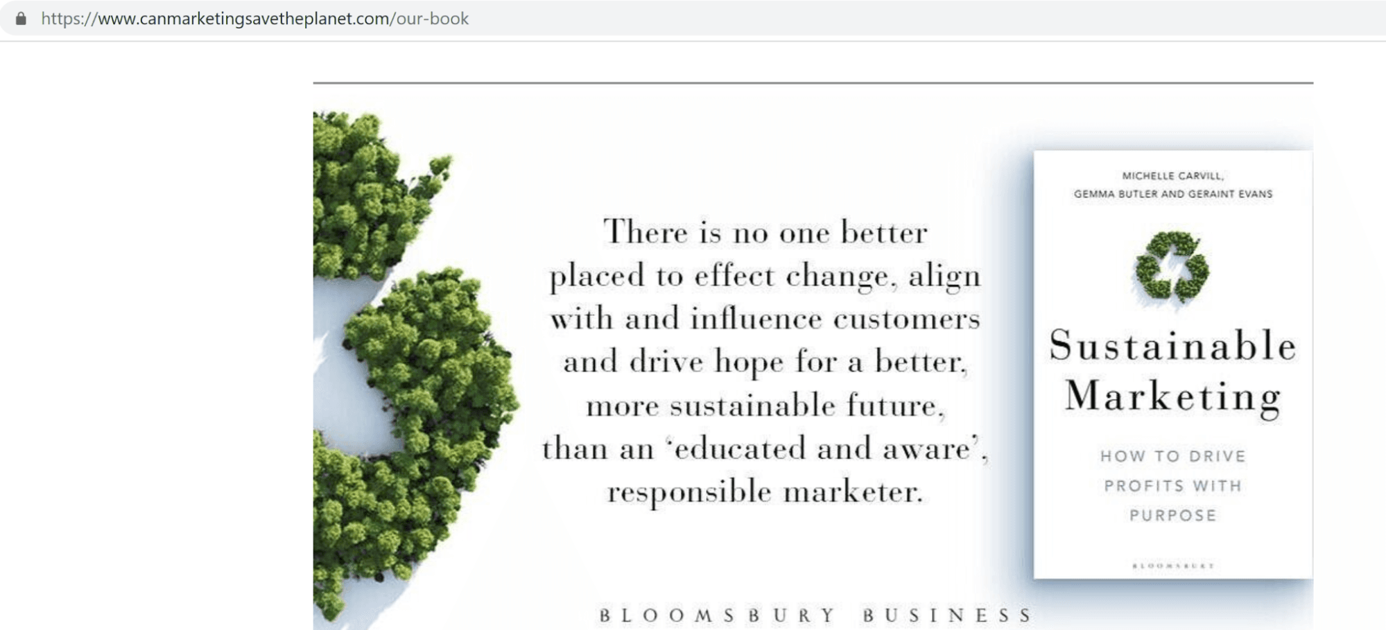 Screenshot of the landing page of the book "Sustainable Marketing - How to Drive Profits with Purpose", co-authored by Michelle Carvill and Gemma Butler.