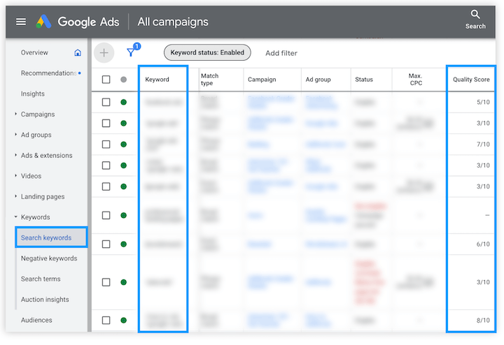 how to compete in google ads - keyword report with quality score