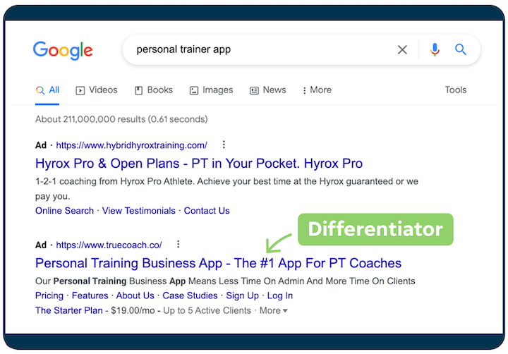 ppc ad copy tips - example of google ad with differentiating feature
