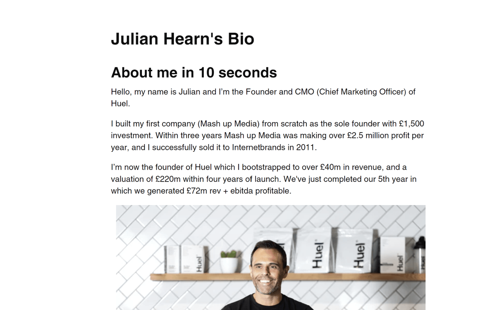 Screenshot of Julian Hearn bio on Huel About Us page.