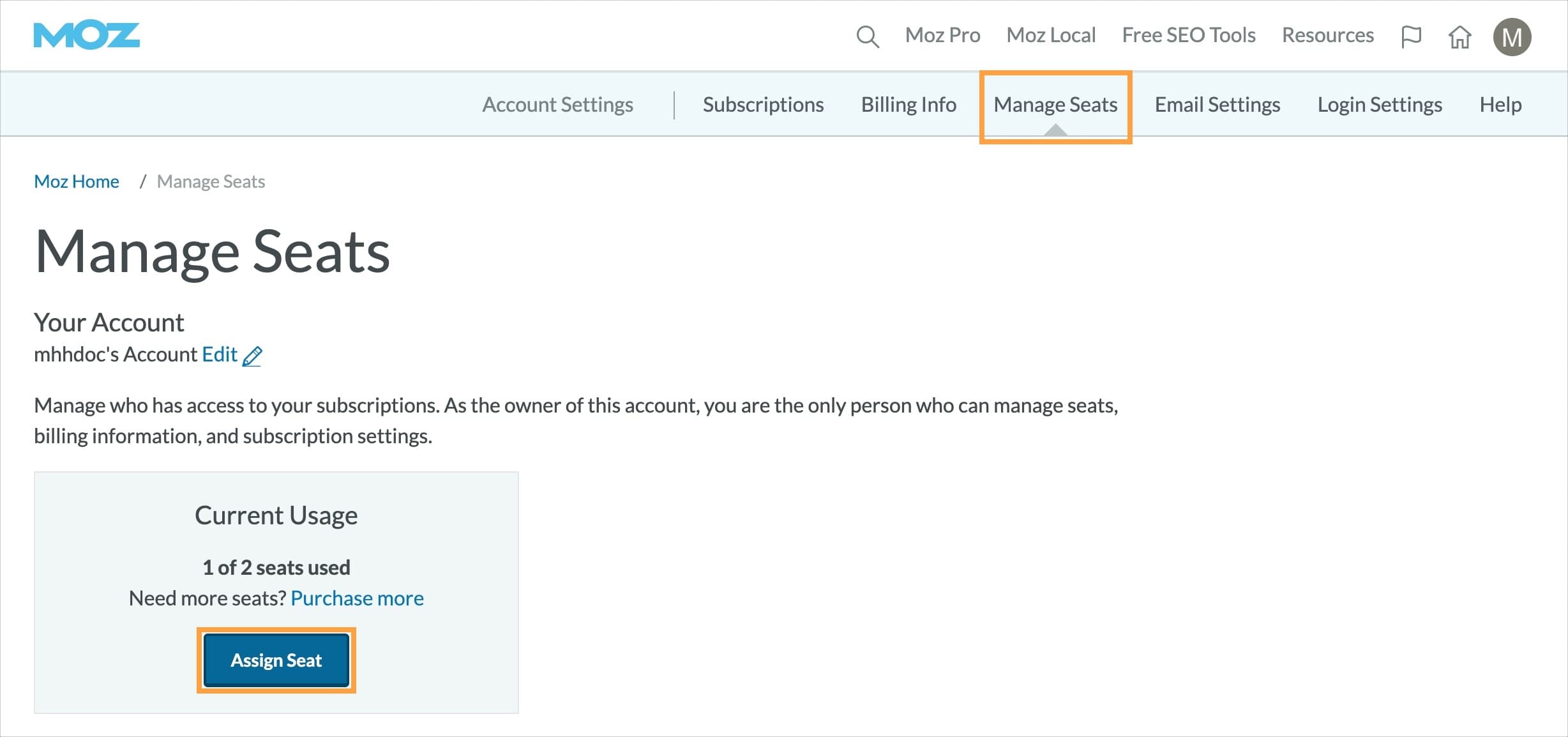 Screenshot of the Moz account Manage Seats page with yellow boxes around the 