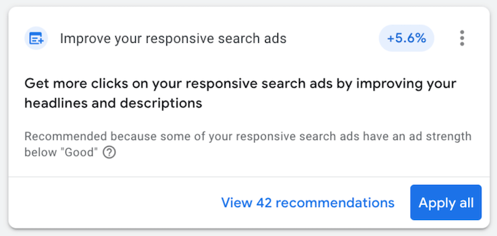 example of a google ads recommendation card