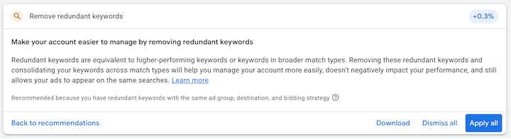 google ads' remove redundant keywords recommendation